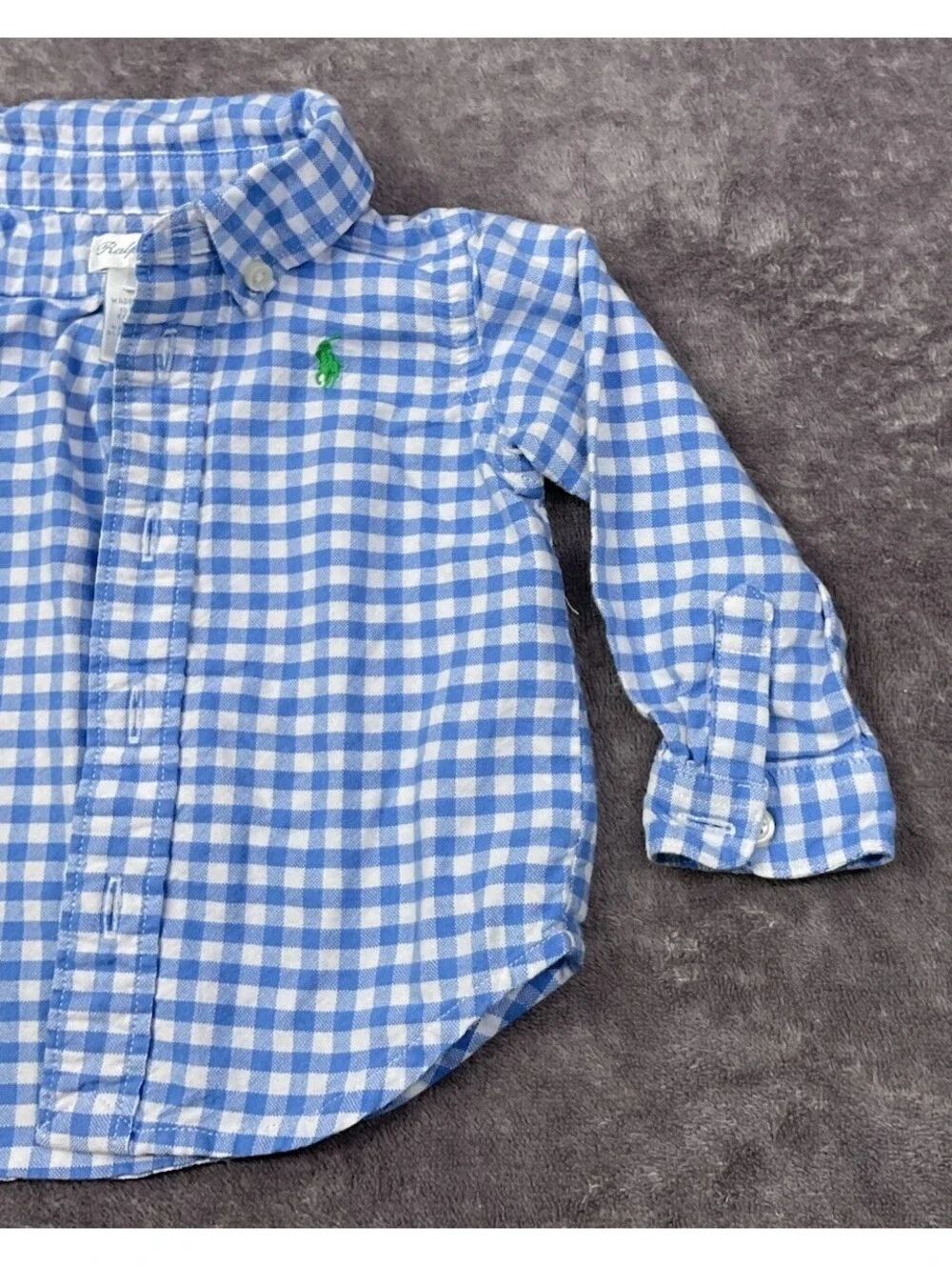 Ralph Lauren Baby Boys 3M Blue White Gingham Button Down Shirt Pony Logo 100% Co